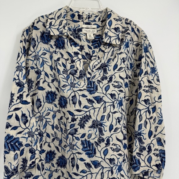Rachel Zoe Size 1X Women’s 100% Linen Cream Blue Floral Popover Tunic Blouse - Picture 4 of 9
